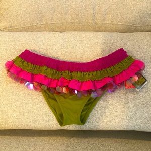 NEW Becca by Rebecca V. Ruffle and Paillette Pink and Green Swim Bottoms (M)